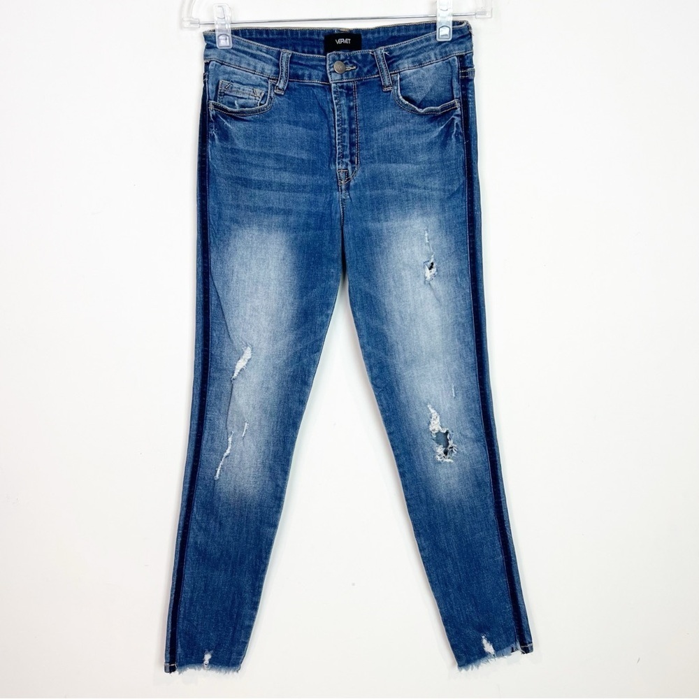 VERVET ANKLE SKINNY FIT DISTRESSED CONTRAST STRIPE RAW HEM JEANS SZ 27